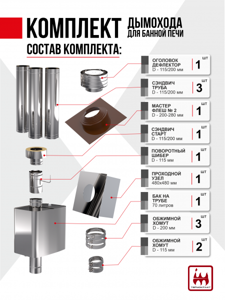 Комплект дымохода 115/200 для банной печи с баком 70 литров коричневый RAL 8017