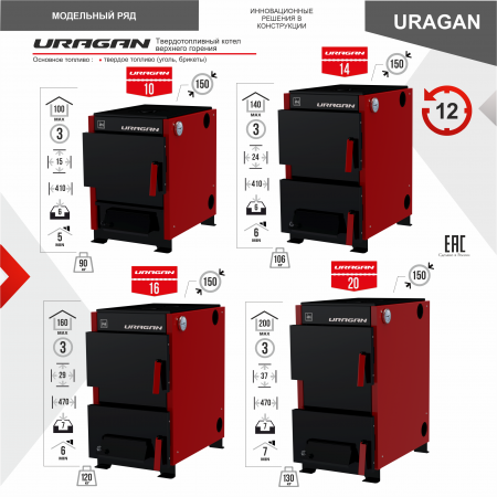 КОТЕЛ твердотопливный отопительный URAGAN («Ураган») 10 кВт