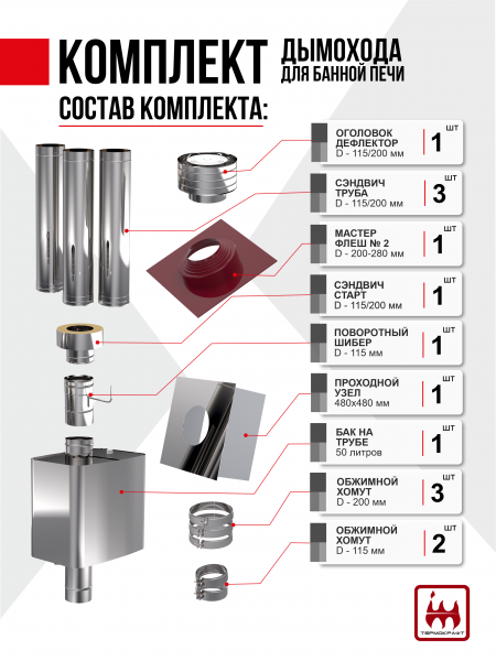 Комплект дымохода 115/200 для банной печи с баком 50 литров красное вино RAL 3005